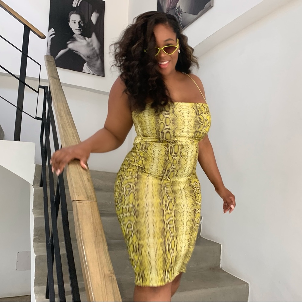 Yellow Snakeskin Print Spaghetti Strap Dress